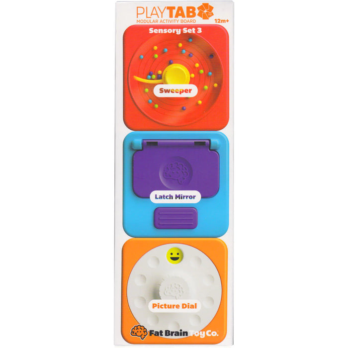 Packaging showing three PlayTab sensory tiles: a red Sweeper bead maze, a blue/purple Latch Mirror, and an orange Picture Dial stacked vertically.