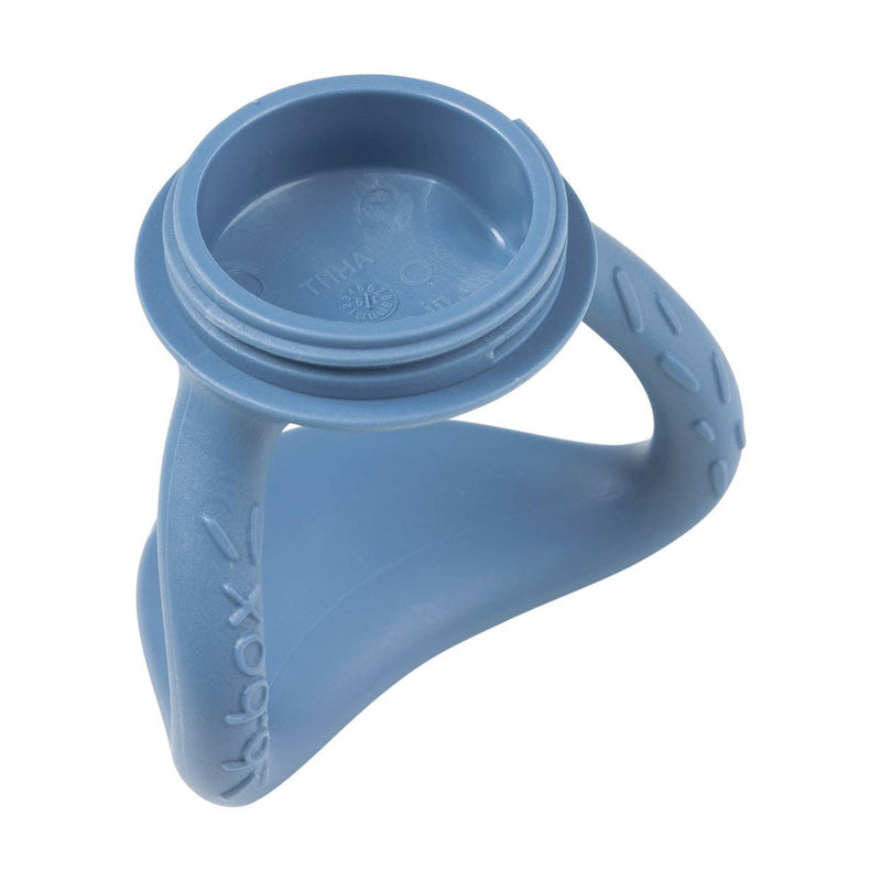 Blue silicone funnel with handle on a white background
