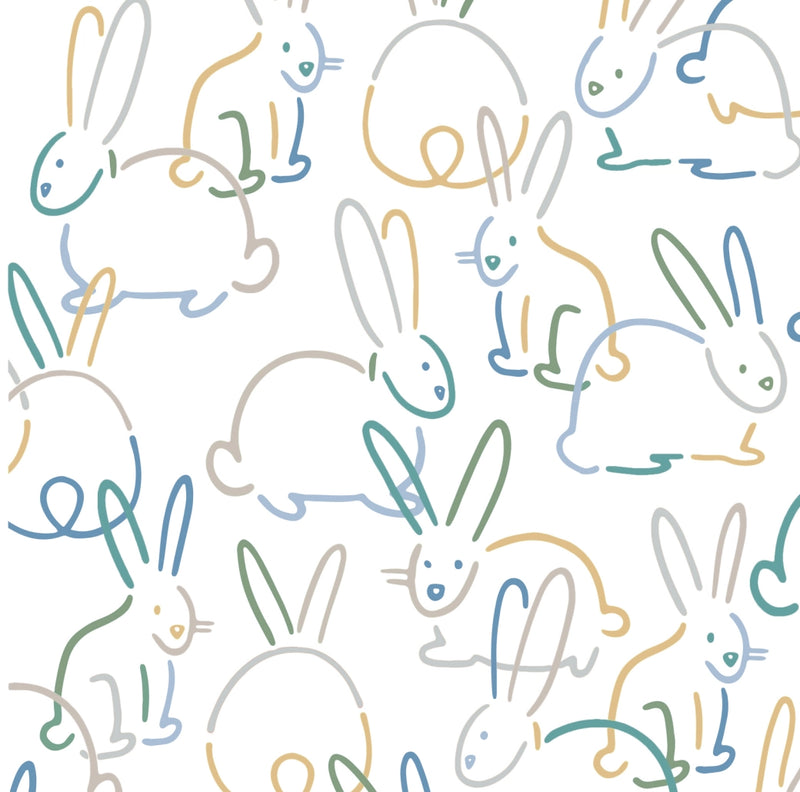 Pattern of colorful bunny illustrations on a white background