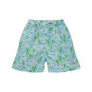 Swim shorts with palm tree pattern on a blue background