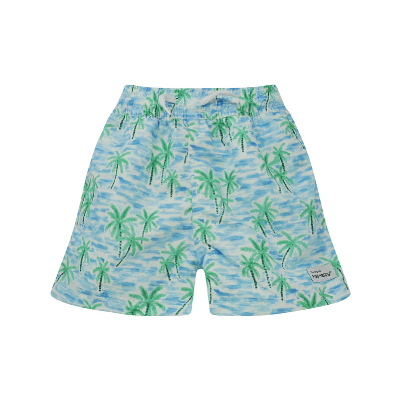 Swim shorts with palm tree pattern on a blue background