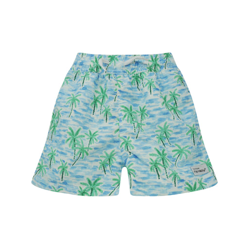 Swim shorts with palm tree pattern on a blue background