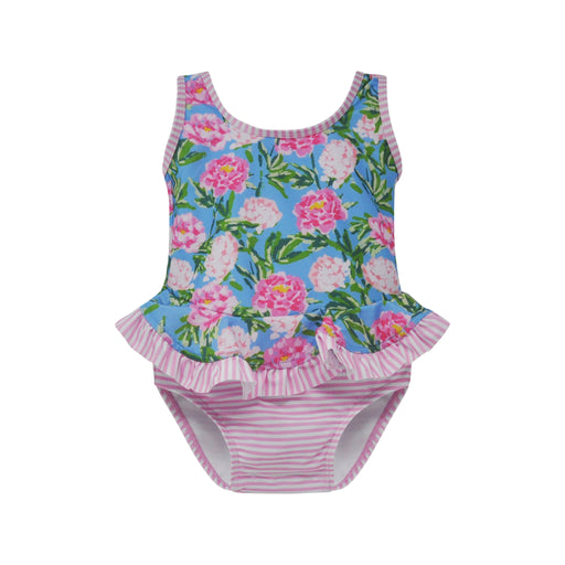 Floral and striped children's swimsuit on a white background