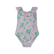 One-piece swimsuit with palm tree pattern on a white background
