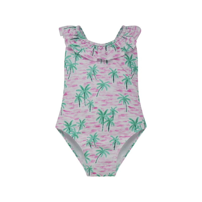 One-piece swimsuit with palm tree pattern on a white background