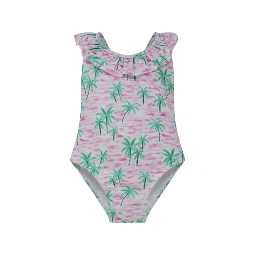 One-piece swimsuit with palm tree pattern on a white background