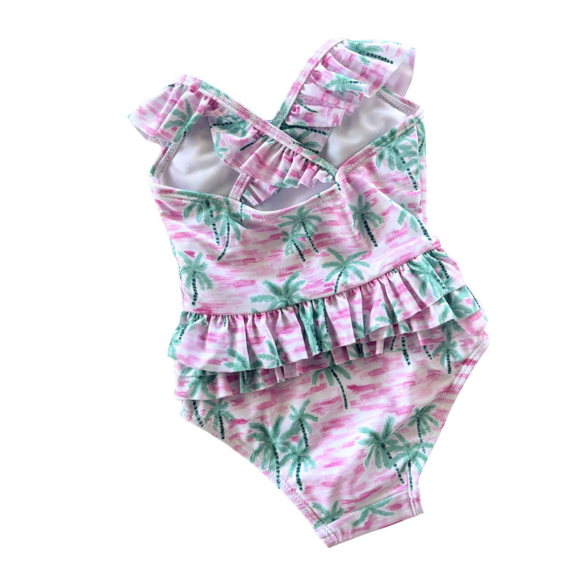 Flap Happy | Kids UPF50+ Mindy Cross-back Swimsuit for Girls | Artsy Palms Pink