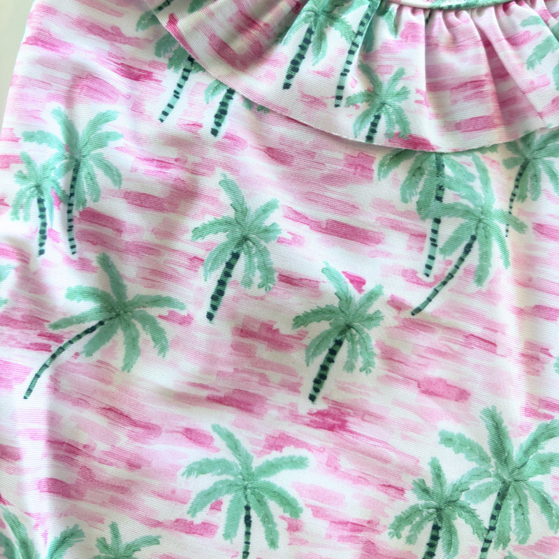 Flap Happy | Kids UPF50+ Mindy Cross-back Swimsuit for Girls | Artsy Palms Pink