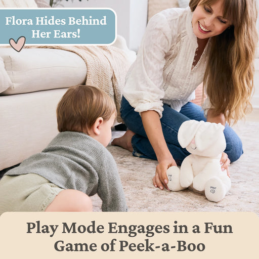 child playing peek-a-boo with Flora the Bunny on the floor