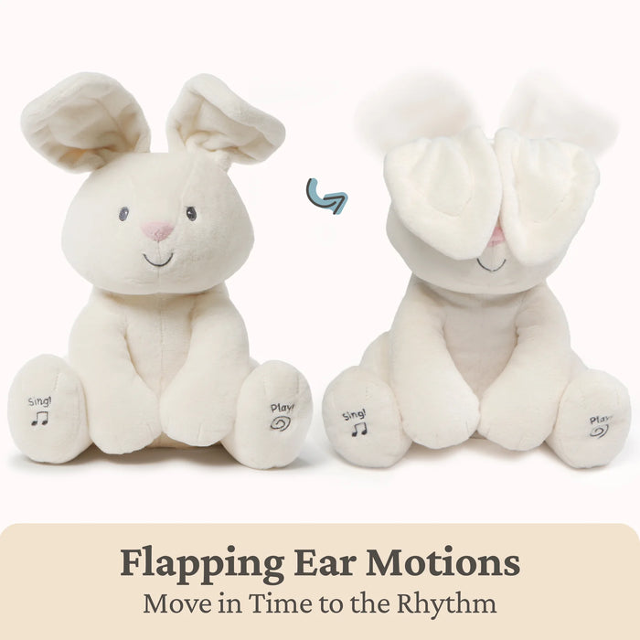 Flora the Bunny showing ears down to hide and ears up to reveal during play