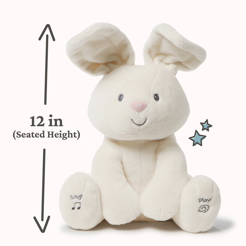 Flora the Bunny plush with height marker showing 12 inches seated
