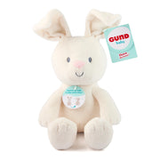 Plush bunny toy with 'Gund baby' tag on a white background