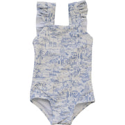 One-piece swimsuit with blue and white pattern on a white background