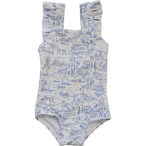 One-piece swimsuit with blue and white pattern on a white background