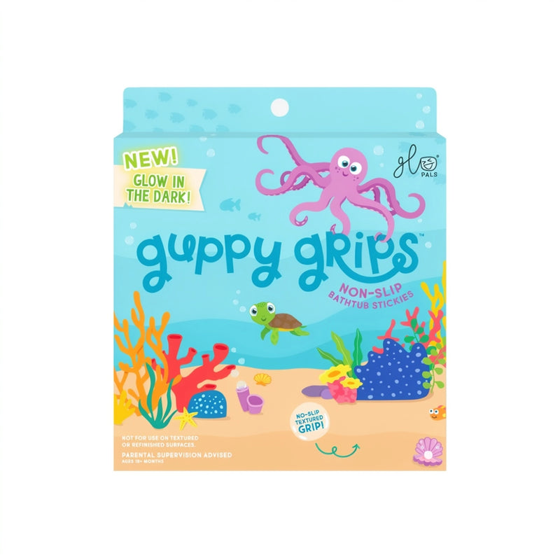 Glo Pals Guppy Grips non-slip bathtub stickies package with glow-in-the-dark ocean designs