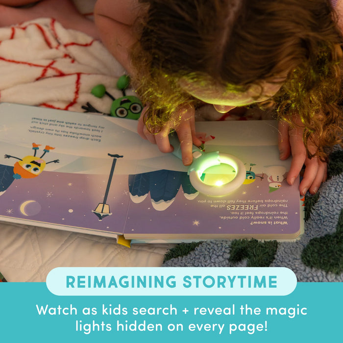 child reading in bed while a page glows under the magnifier