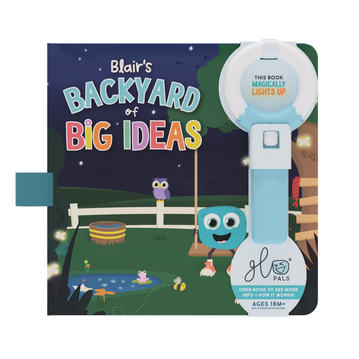 cover of blairs backyard of big ideas light up library book with magic magnifier attached