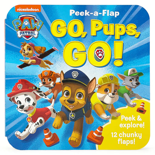 Book cover of 'PAW Patrol Peek-a-Flap Go, Pups, Go!' with cartoon characters on a blue and yellow background.