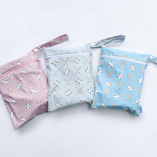 Three pouches with sports-themed patterns on a white background