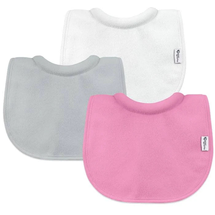 Three baby bibs in pink, gray, and white on a white background