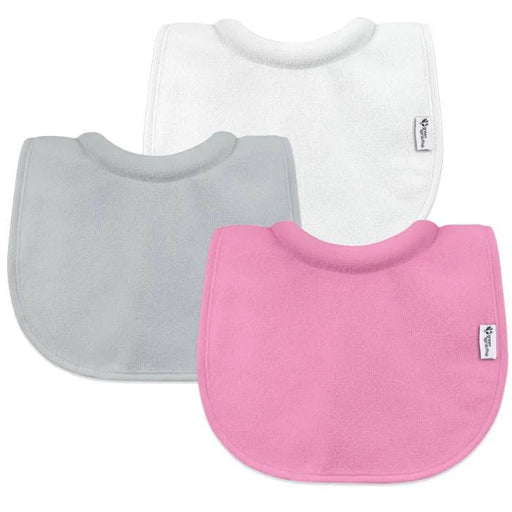 Three baby bibs in pink, gray, and white on a white background