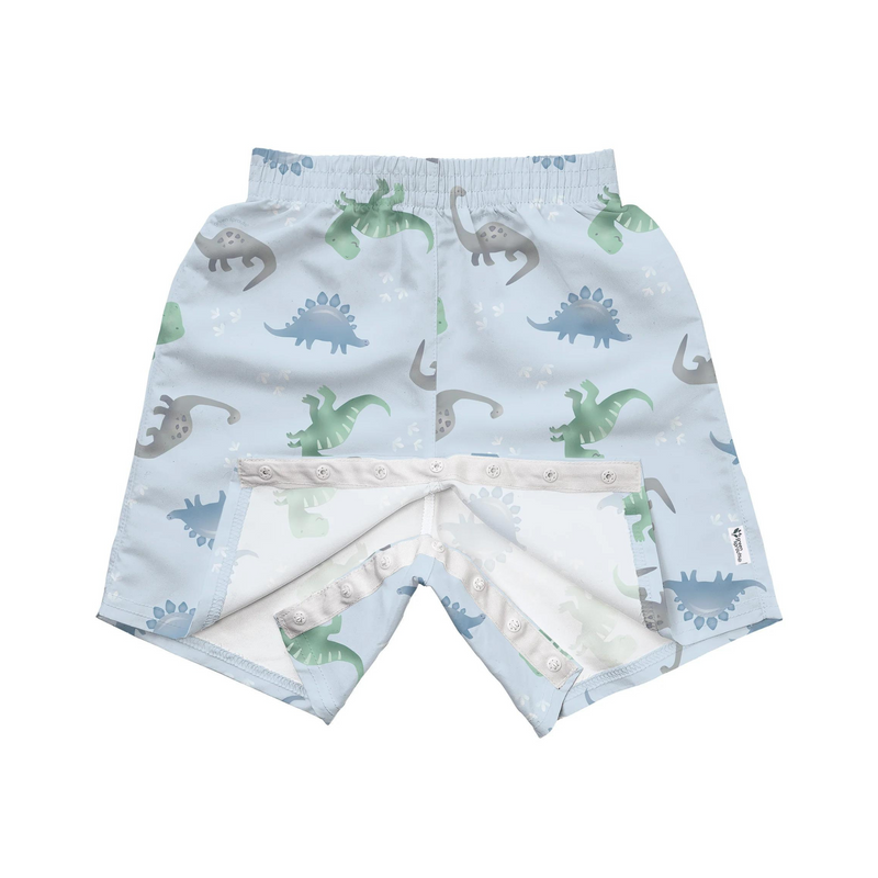 Light blue swim trunk for toddlers with a dinosaur print and easy-change snaps at the waist.
