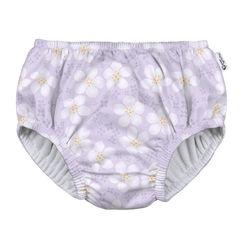 A light lavender blossom patterned eco pull-up swim diaper for babies.