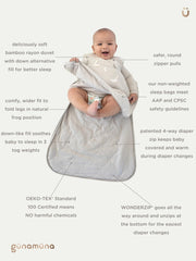 feature card showing wonderzip benefits and tog details for gunamuna pooh sleep bag