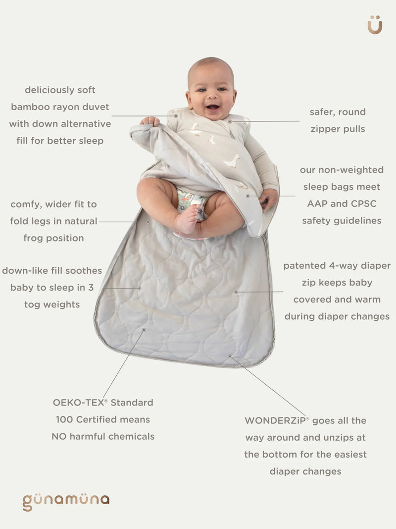 feature card showing wonderzip benefits and tog details for gunamuna pooh sleep bag