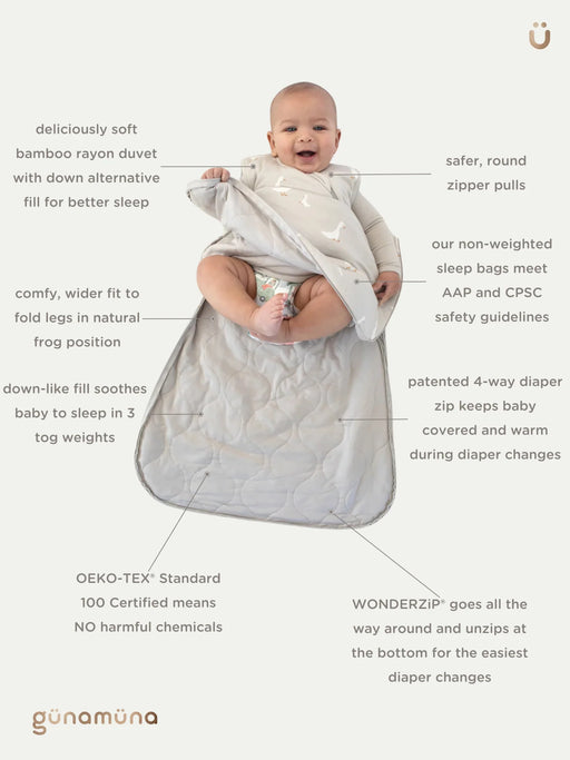 feature card showing wonderzip benefits and tog details for gunamuna pooh sleep bag