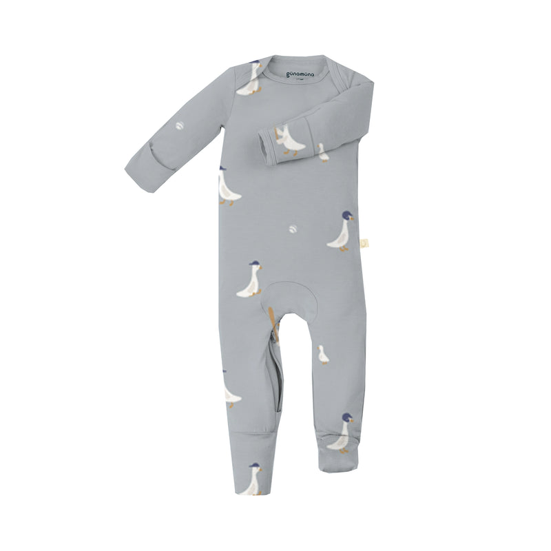 Gray baby onesie with white patterns on a white background
