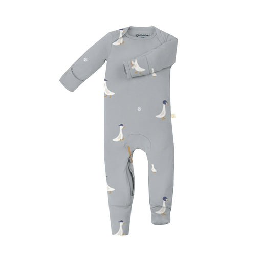 Gray baby onesie with white patterns on a white background
