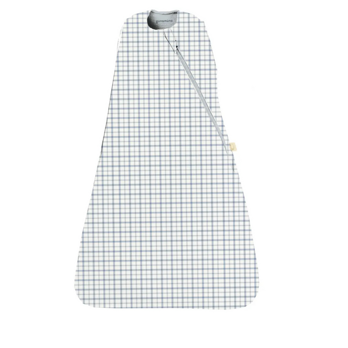 A sleeveless gunamuna Sleep Sack Swaddle in the Checkmate pattern, shown flat. The fabric features a small, minimalist grid design in soft neutral tones.