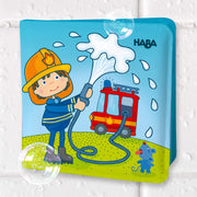 HABA children's book cover with a firefighter character and fire truck illustration on a blue background.