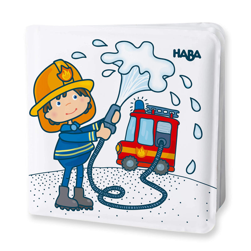 Children's book with a fireman and fire truck illustration on a white background, featuring the HABA brand.