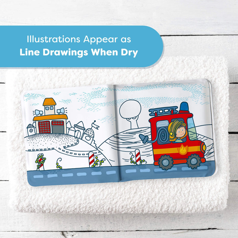 Children's book with fire truck illustration on a white blanket, text 'Illustrations Appear as Line Drawings When Dry' above.