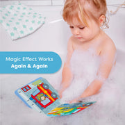 Child in a bathtub with bubbles reading a colorful book, with text 'Magic Effect Works Again & Again' on a blue banner.
