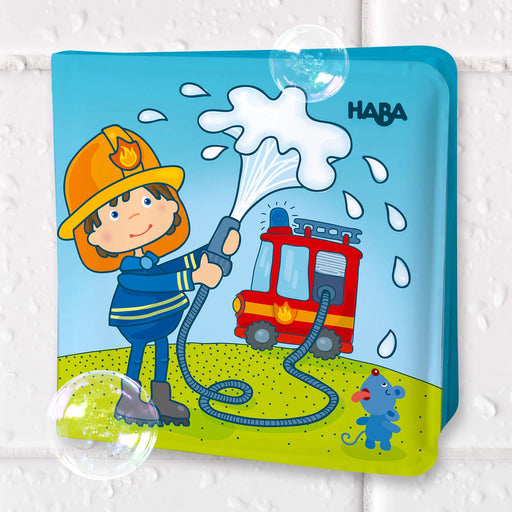 HABA children's book cover with a firefighter character and fire truck illustration on a blue background.