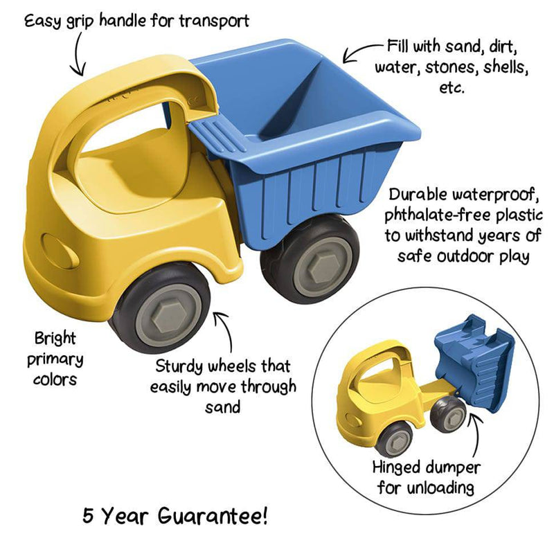 Yellow toy dump truck with blue bed on a white background, featuring text describing its features.