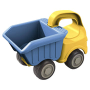 Toy dump truck with blue bed and yellow body on a white background