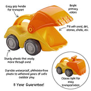 Toy dump truck with features highlighted on a white background
