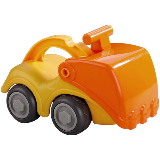 Toy bulldozer with orange front and yellow body on a white background