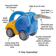 Blue and yellow toy water pump with features highlighted on a white background