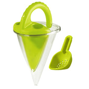 Green and clear beach sand tool with a scoop on a white background