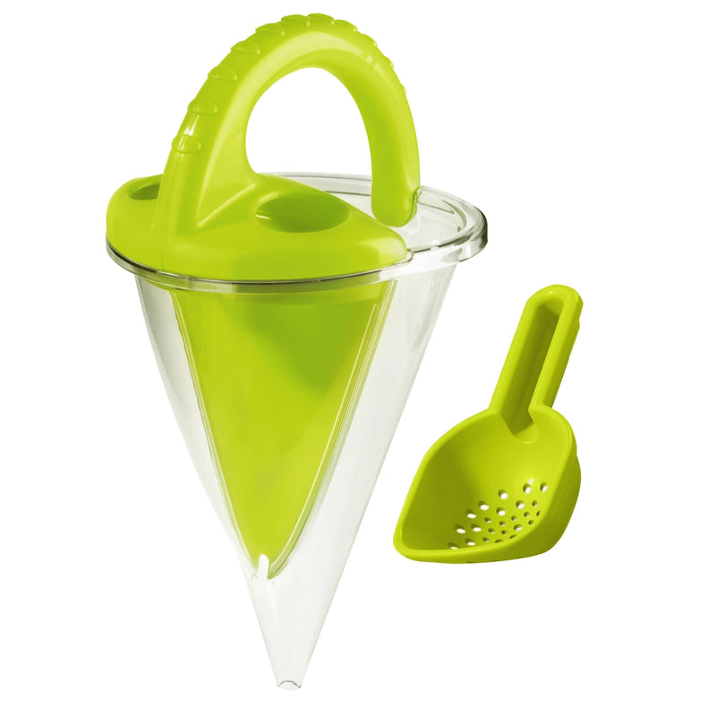 Green and clear beach sand tool with a scoop on a white background