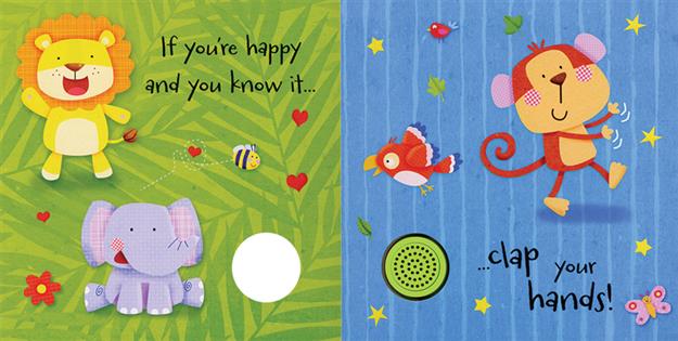 Children's book with lion, monkey, and elephant illustrations on a green and blue background.