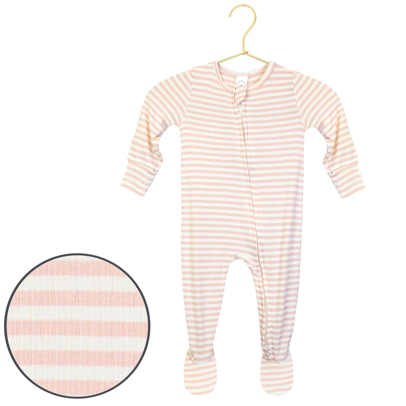 Lou Lou & Co Harper ribbed zipper footie with pink and white stripes, with fabric swatch