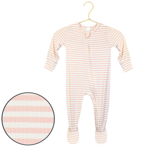 Lou Lou & Co Harper ribbed zipper footie with pink and white stripes, with fabric swatch