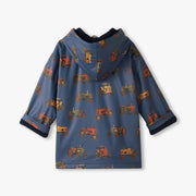 Hatley Classic Raincoat in Landscape Tractors print, back view showing hood and allover vintage tractor pattern