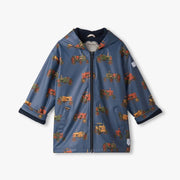 Hatley Classic Raincoat in Landscape Tractors print, front view with hood, zipper, and pockets